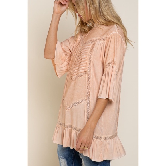 POL Light Coral Pleated & Ruffled Short Sleeve Tunic Top - Picture 2 of 8
